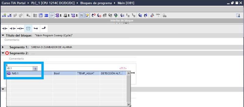 Introducir una variable en el contacto cerrado en TIA Portal