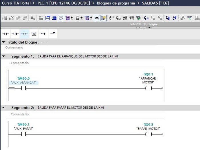 Insertar bobinas en programación al final de un segmento