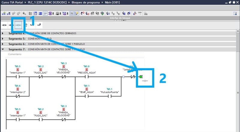 Insertar bobinas en programación de PLC en TIA Portal.