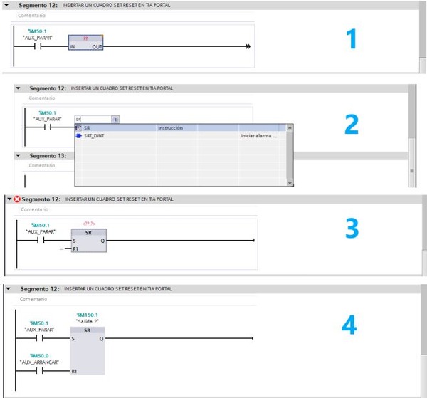 Proceso para insertar una función SET RESET en TIA Portal