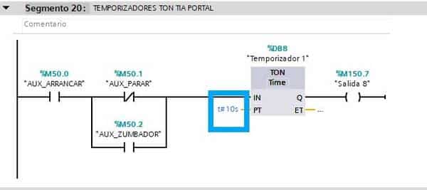 Ejemplo de utilización de operando con tipo de datos Time en un temporizador en TIA Portal