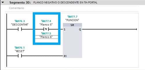 Flanco negativo o descendente con la función de consultar flanco en TIA Portal