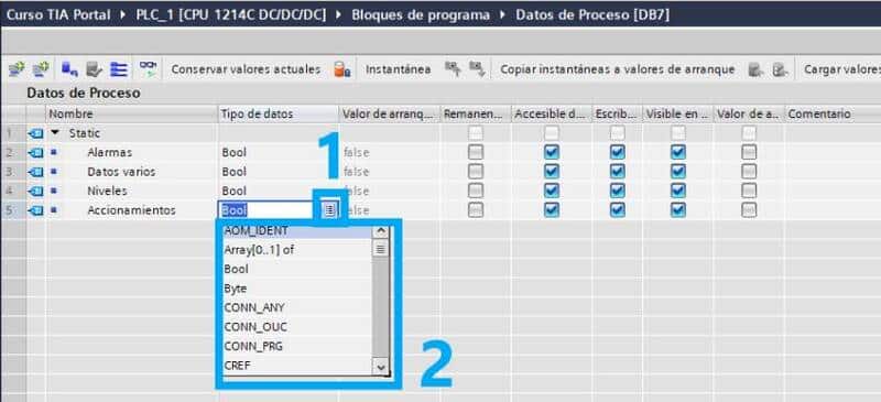 Menú desplegable en cada variable para poder seleccionar el tipo de dato dentro del DB