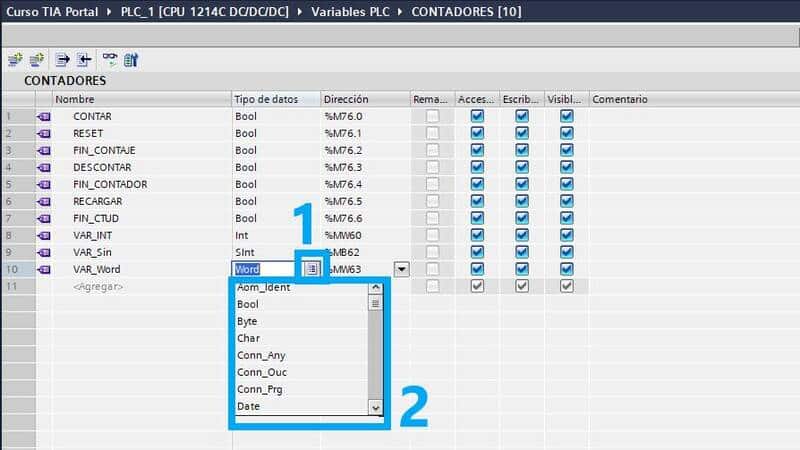 Menú desplegable para seleccionar el tipo de datos para cada variable