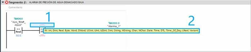 Qué tipos de datos en TIA Portal debes poner en una instrucción del programa