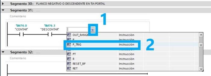 Seleccionar la instrucción de flanco ascendente dentro del cuadro de función.