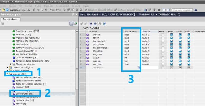 Tipos de datos en TIA Portal para variables globales del proyecto