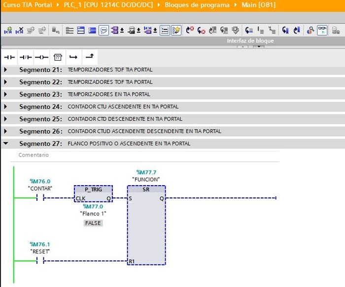 Utilización de un flanco positivo en TIA Portal