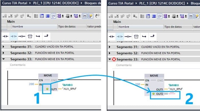 Añadir salidas a la función Move TIA Portal para copiar datos a varias variables