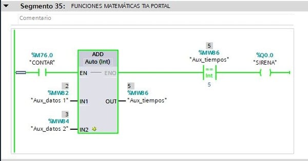 Ejecutar la función Sumar en TIA Portal cuando se activa la entrada EN