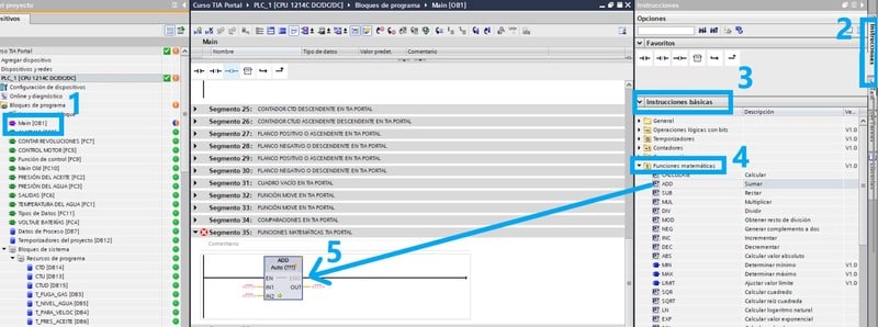 Funciones matemáticas TIA Portal dentro de carpeta de Instrucciones