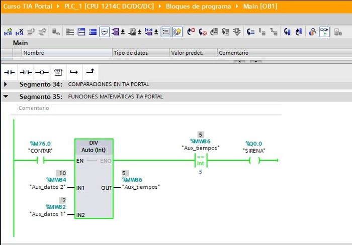 Funciones matemáticas TIA Portal y Ejecutar la función Dividir cuando se activa la entrada EN