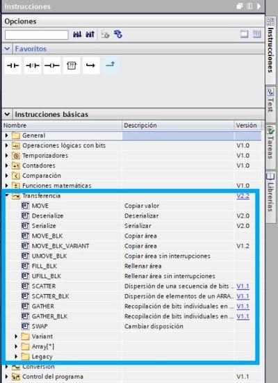 Instrucciones de transferencia de datos en TIA Portal