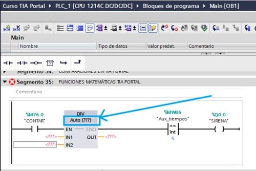 Seleccionar el tipo de dato para la función Dividir en TIA Portal
