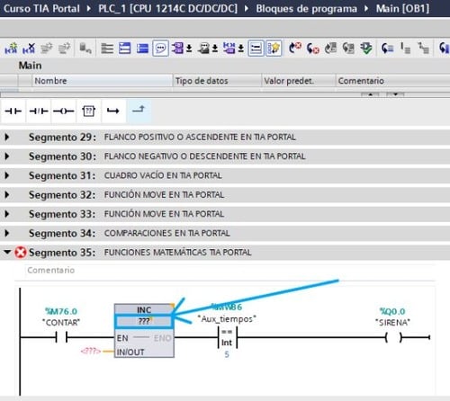 Seleccionar el tipo de dato para la función Incrementar en TIA Portal