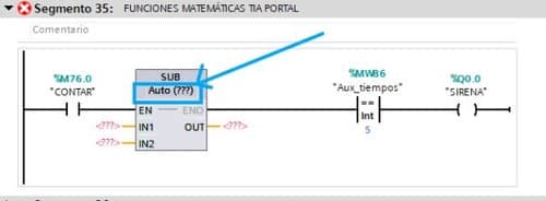 Seleccionar el tipo de dato para la función Restar en TIA Portal