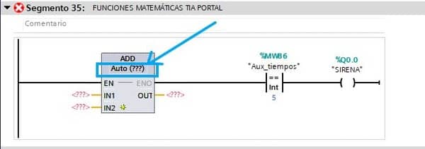Seleccionar el tipo de dato para la función Sumar en TIA Portal