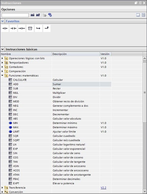 Todas las funciones matemáticas TIA Portal en la pestaña de Instrucciones