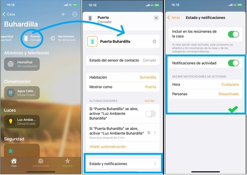 Buscar la opción de notificaciones de actividad en nuestra App Casa en iPhone