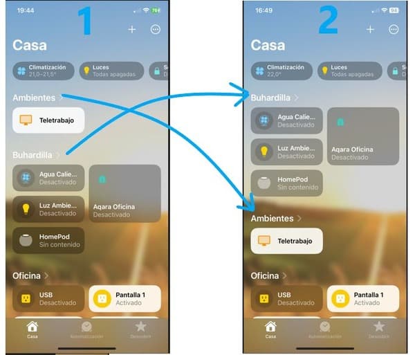 Cambiar la situación de las secciones en la pantalla de inicio de la App Casa