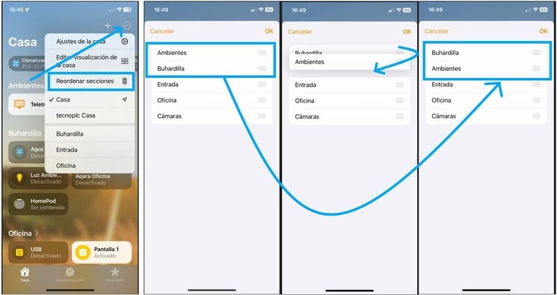 Cómo reordenar habitaciones y ambientes y cámaras en la pantalla inicio de la App Casa