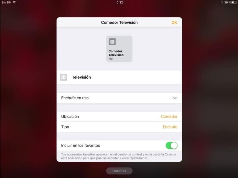 Configuración definitiva del dispositivo Homekit en la APP Casa del iPad.