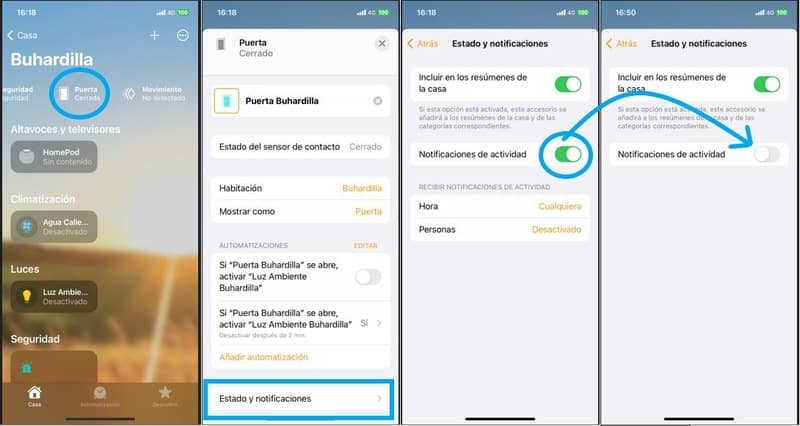 Desactivar notificaciones Homekit en un accesorio en la App Casa