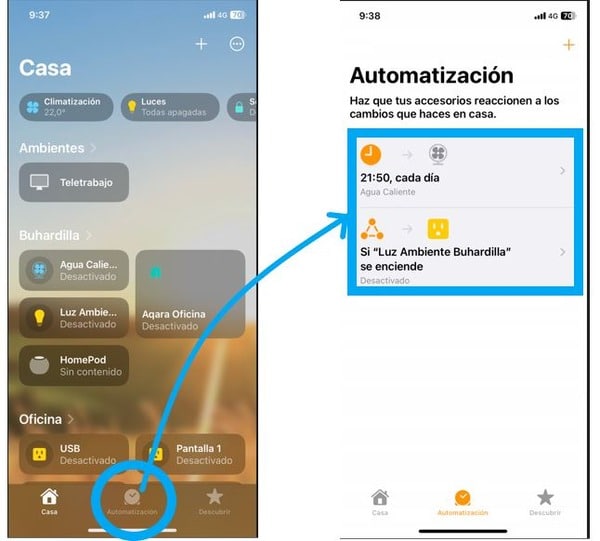 Dónde están las automatizaciones programadas en la App Casa