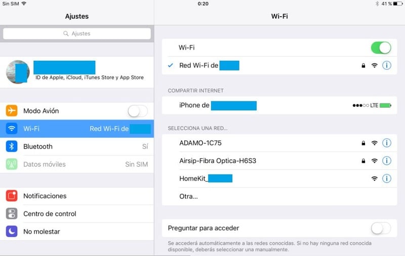 Entrar a la configuración de las redes Wifi del iPad.