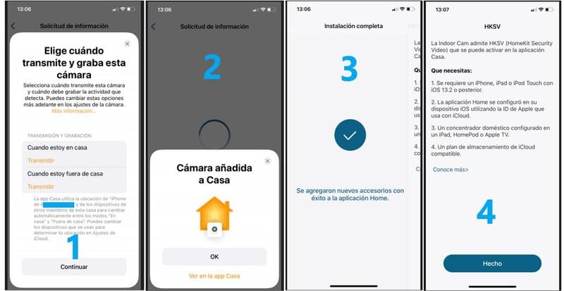 Proceso final de instalación de la cámara en la App Casa