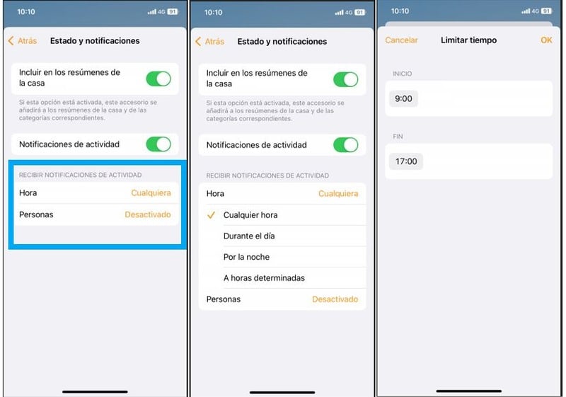 Programar envío de alertas de un accesorio Homekit en una franja horaria