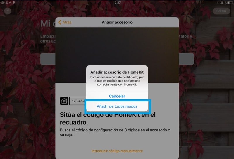 Reconocer que el accesorio Homekit puede no estar certificado.