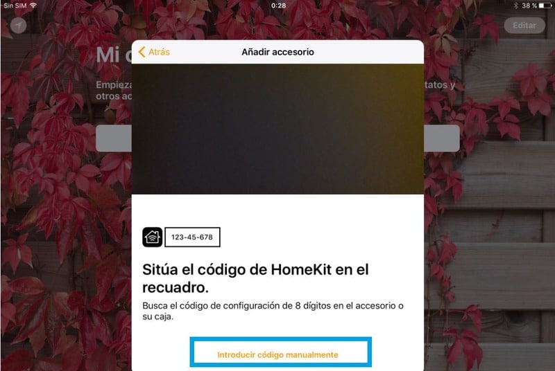 Seleccionar la opción de introducir el código manualmente para la configuración del accesorio.