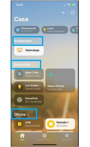 Situación de las habitaciones en la pantalla de inicio de la aplicación de Homekit