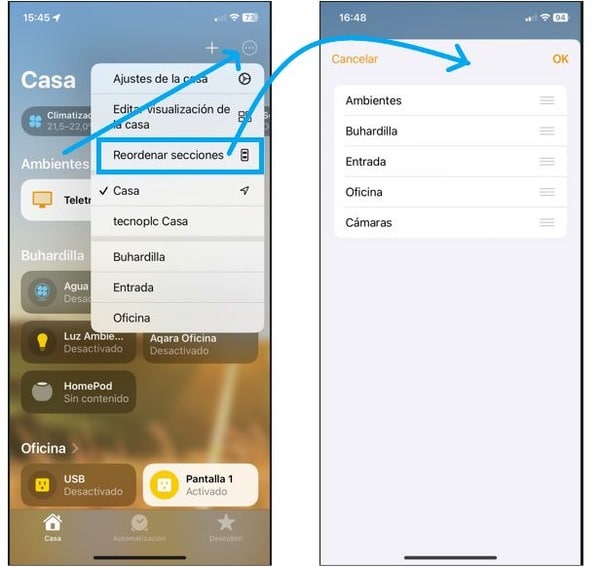 Ver el orden de las secciones en tu pantalla de inicio en la App Casa.
