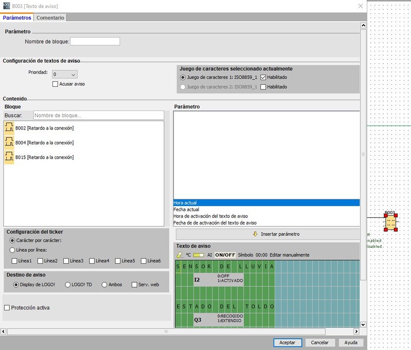 Avisos de texto para programar toldo con LOGO Siemens.