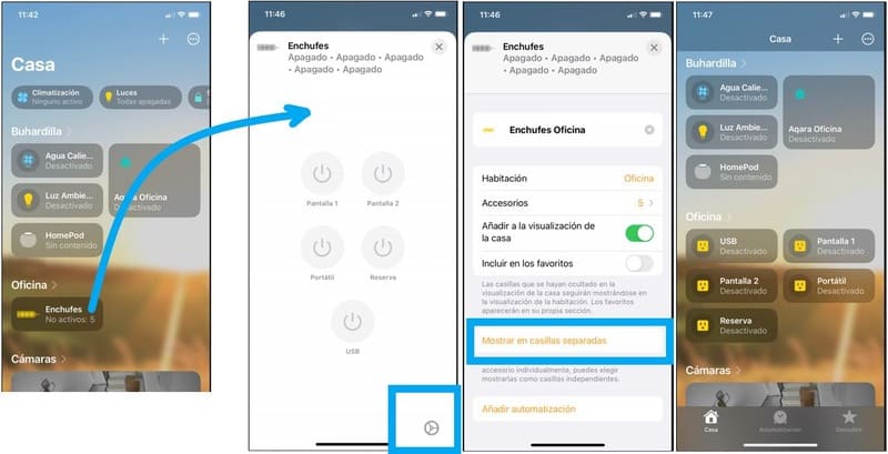 Configurar enchufes individuales en la App Casa para la regleta Homekit