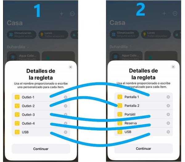 Dar nombre a cada uno de los enchufes de la regleta Homekit en la instalación