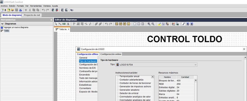 Hardware utilizado para programar toldo con LOGO Siemens