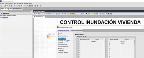 Tabla asignación entradas y salidas en ejercicio para programar detección inundaciones con LOGO Siemens.