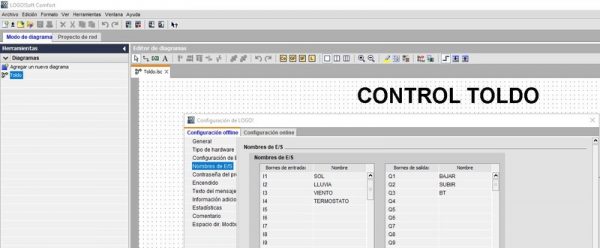 Tabla asignación entradas y salidas en ejercicio para programar toldo con LOGO Siemens