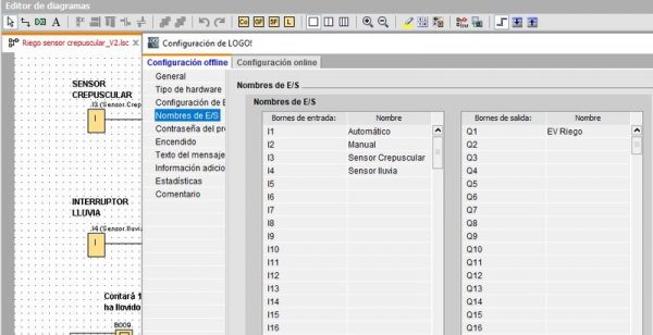 Tabla asignación entradas y salidas en ejercicio programación riego jardín con LOGO Siemens.