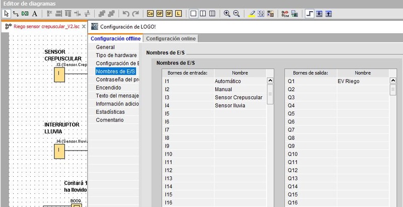 Tabla asignación entradas y salidas en ejercicio programación riego jardín con LOGO Siemens.