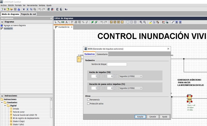 Uso de generador impulsos para programar detección inundaciones con LOGO Siemens.