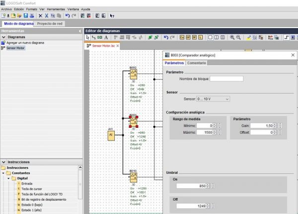 Comparadores analógicos para programar motor con sensor velocidad en LOGO.