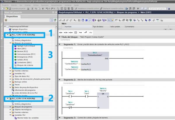 Estructura del programa de control peaje autopista en TIA Portal