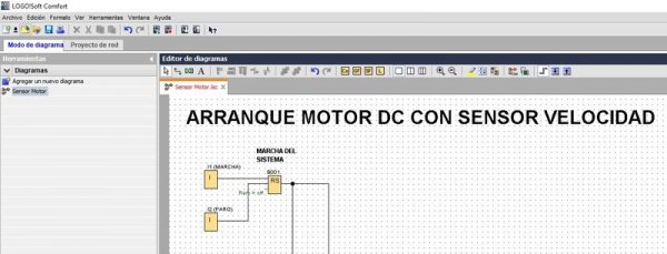 Inicio del sistema para control motor con sensor velocidad en LOGO.