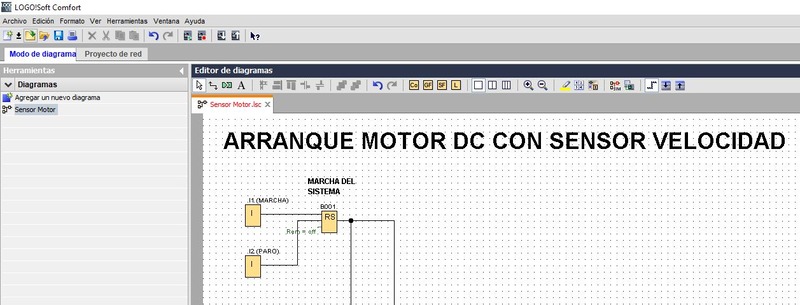 Inicio del sistema para control motor con sensor velocidad en LOGO.