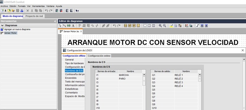 Tabla asignación entradas y salidas en ejercicio para programar motor con sensor velocidad en LOGO Siemens.