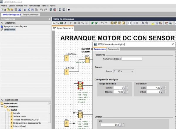 Uso de un comparador analógico para programar motor con sensor velocidad en LOGO Siemens.